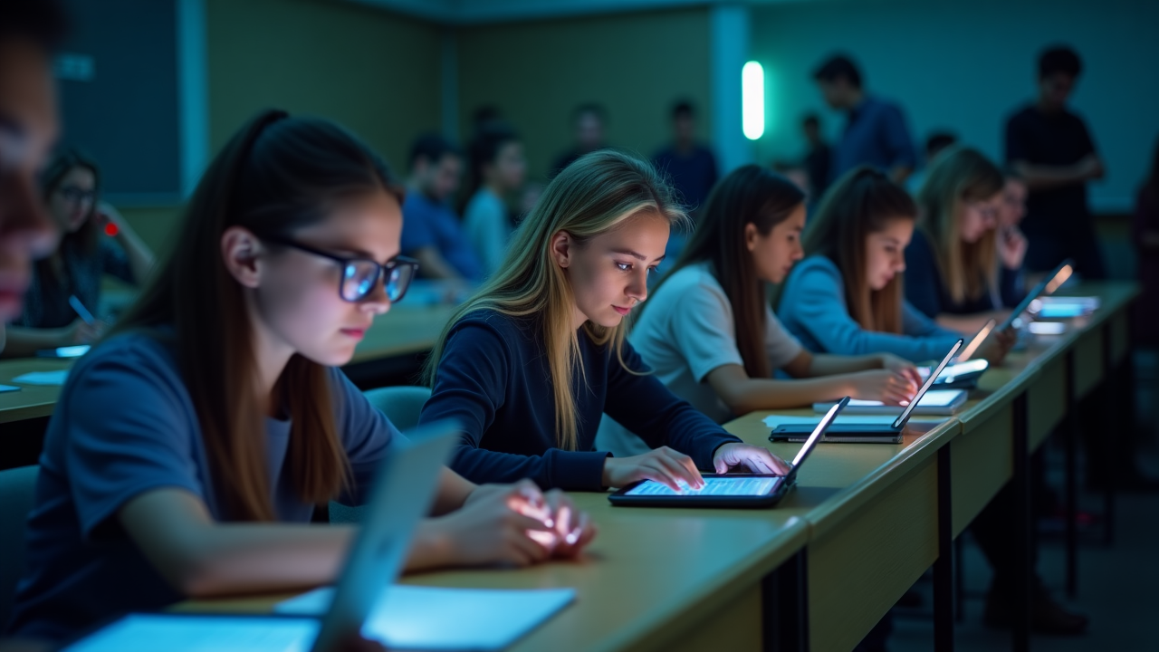 Estudiantes utilizando tecnología móvil para educación