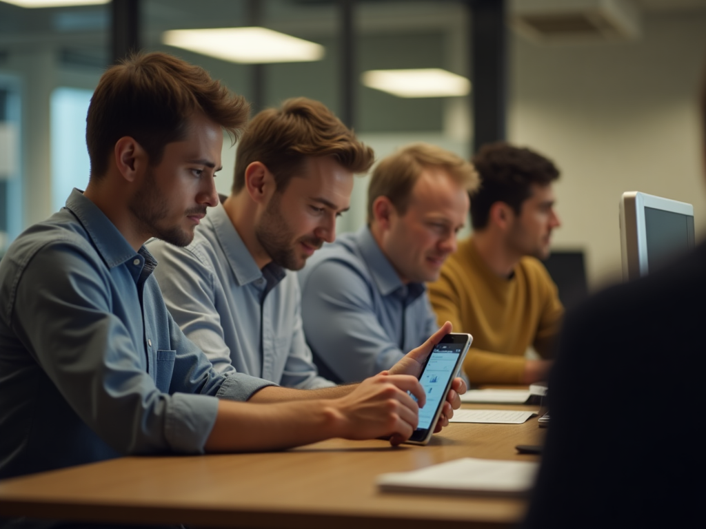 Profesionales utilizando tecnología móvil en el trabajo